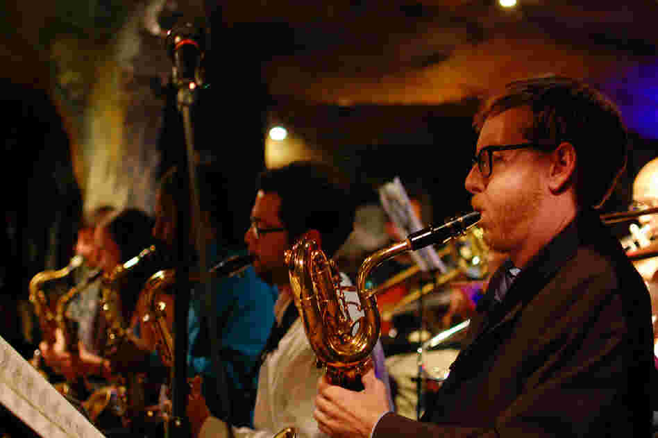 Brad Linde (right, baritone saxophone) is co-leader of the BCJO. The other saxophones (L-R): Elijah Jamal Balbed, Sarah Hughes, Brent Birckhead, Charles Phaneuf.