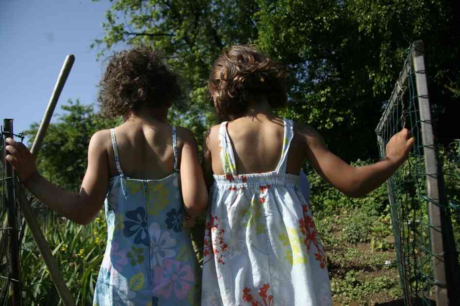 Veda and Annie, twin daughters of NPR producer Justine Kenin, survey their work at the entrance of the Friendship Community Garden, in Washington, D.C. After learning about the White House vegetable garden, the girls wanted a garden of their own, even though they live in a city apartment. 