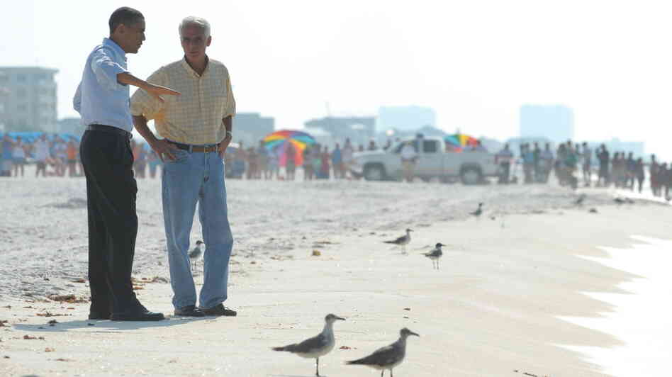 President Barack Obama and Florida Gov. Charlie Crist on the Pensacola beach Tuesday. President Barack Obama and Florida Gov. Charlie Crist on the Pensacola beach Tuesday.