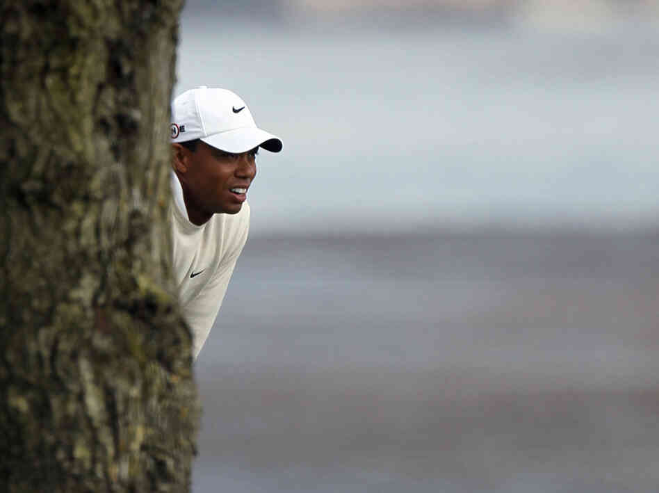 Tiger Woods watches his shot approach the 18th green on Saturday. Tiger Woods watches his shot approach the 18th green on Saturday.