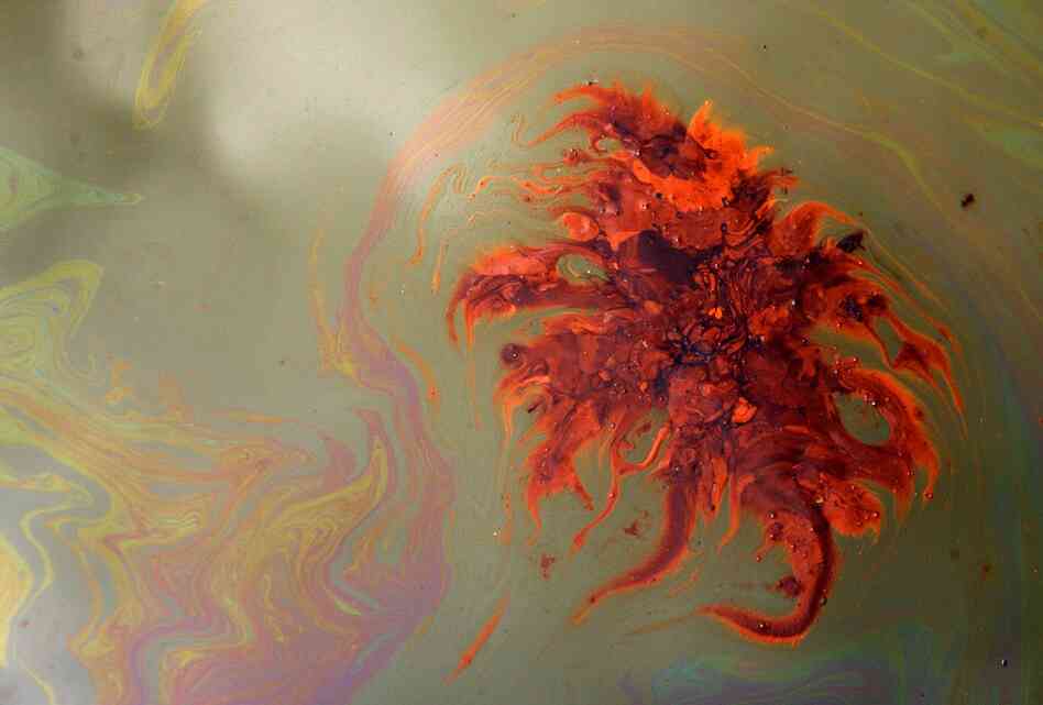 Oil clouds the surface of Barataria Bay near Port Sulpher, La., on June 19. 