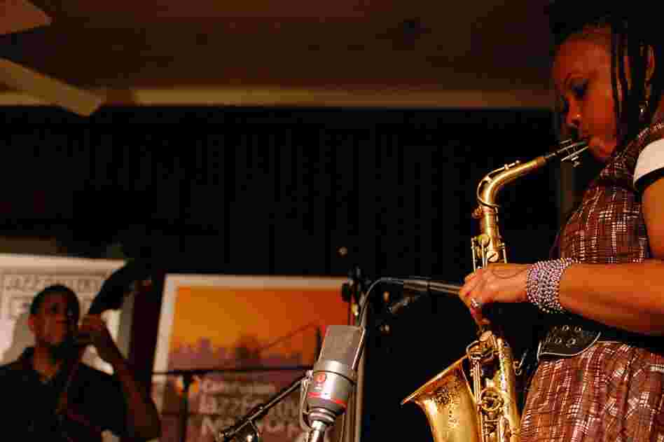 Matana Roberts (right), backed by Hill Greene on bass.