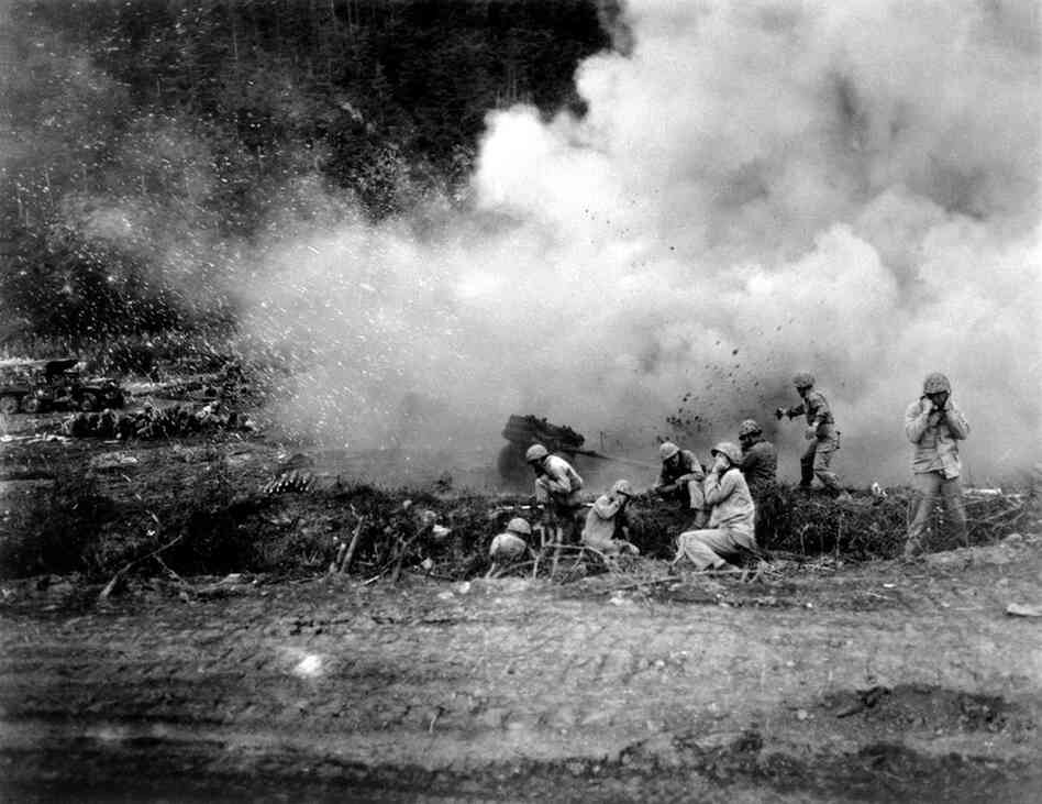 Marines launch a rocket barrage against the Chinese Communists in the Korean fighting in 1951. 