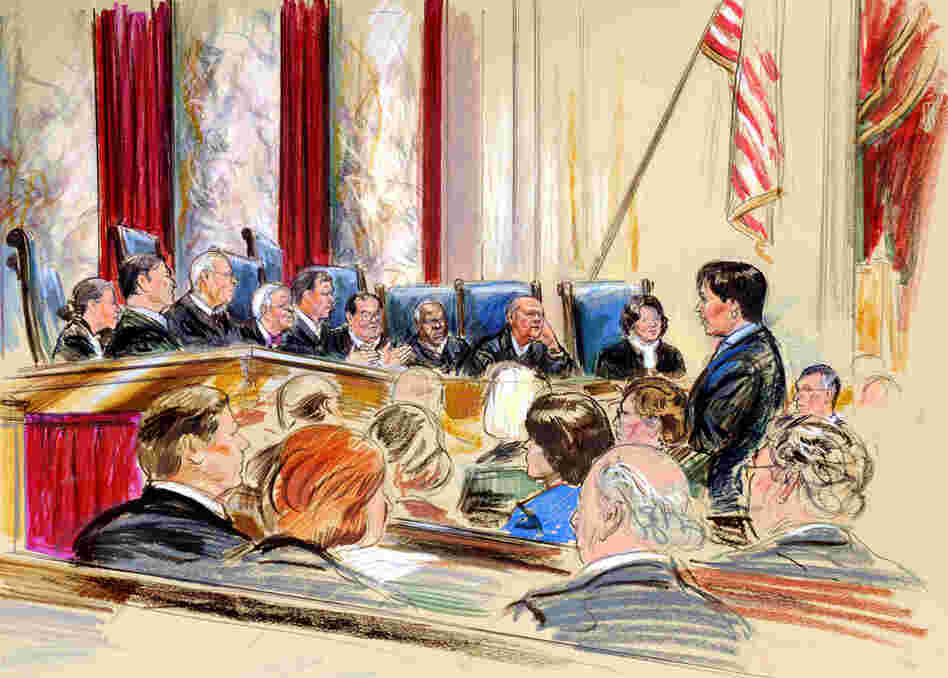 This artist rendering shows Kagan (right) arguing a campaign finance reform case before the Supreme Court on Sept. 9, 2009. Before becoming solicitor general, Kagan had never argued before the Supreme Court. 