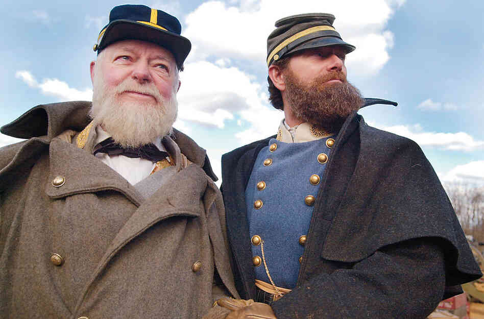 Byrd stands beside actor Stephen Lang during the filming of Gods and Generals in November 2001 in Keedysville, Md.  Byrd, then 84, played Confederate Brig. Gen. Paul J. Semmes in a cameo role. Byrd said he took the nonspeaking role to help stimulate interest in American history, a subject on which he sometimes lectured his colleagues. 