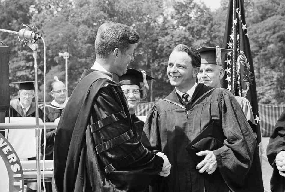 Byrd greets President Kennedy at American University in Washington in 1963. Byrd earned his law degree from the university that year, graduating cum laude after 10 years of night school while serving in Congress. The university gave Kennedy an honorary doctor of laws degree. 
