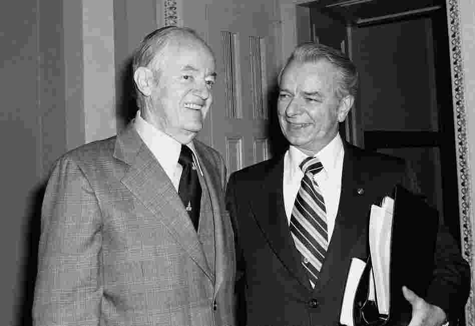 Byrd chats with Minnesota Sen. Hubert Humphrey in January 1977 on Capitol Hill, after Humphrey withdrew from the race to be Senate majority leader. Byrd was elected by a verbal vote to succeed the retiring Sen. Mike Mansfield. 