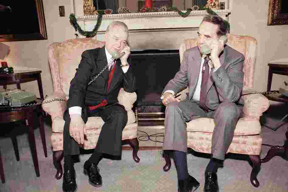Byrd and Sen. Robert Dole (R-KS) speak to President Reagan in 1985, after the first session of the 99th Congress adjourned. Byrd's time as a senator spanned 11 presidencies. 