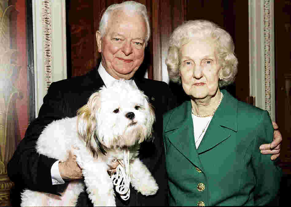 Byrd poses with his wife, Erma, and their dog, Trouble, during a visit at Byrd's Capitol Hill office.