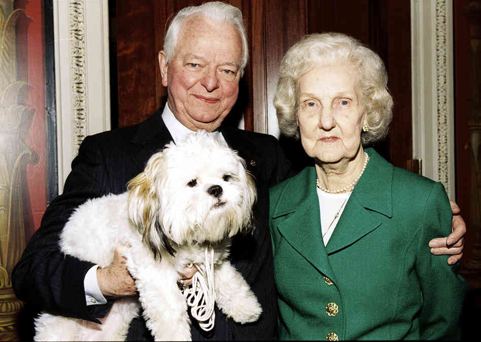 Byrd poses with his wife, Erma, and their dog, Trouble, during a visit at Byrd's Capitol Hill office.