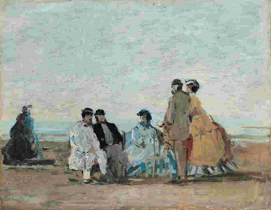 Personnages sur la plage de Trouville by Eugène Boudin, 1865. Boudin advised the young Monet to paint outdoors, or en plein air, in order to take advantage of natural light. Soon, painting en plein air would become a hallmark of the impressionist movement. 