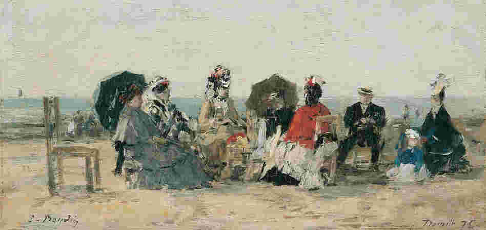 Conversation sur la plage de Trouville by Eugène Boudin, 1876. The incredibly prolific Boudin painted more than 800 pieces over the course of his career, the vast majority of which depicted beach scenes and ships. 