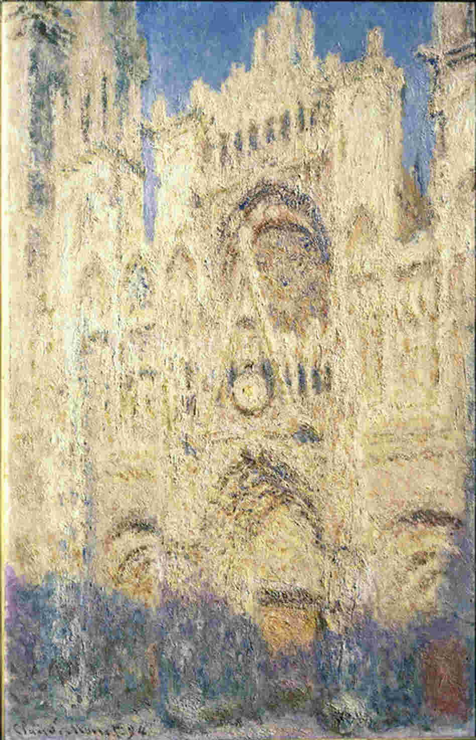 Rouen Cathedral doorway and tower in morning light, harmony in white, by Claude Monet, 1894. This is one of the 30 paintings of Rouen Cathedral that Monet worked on in the period 1892-1894. The artist focused on capturing the effect of light on the stone masonry at different times of day. 