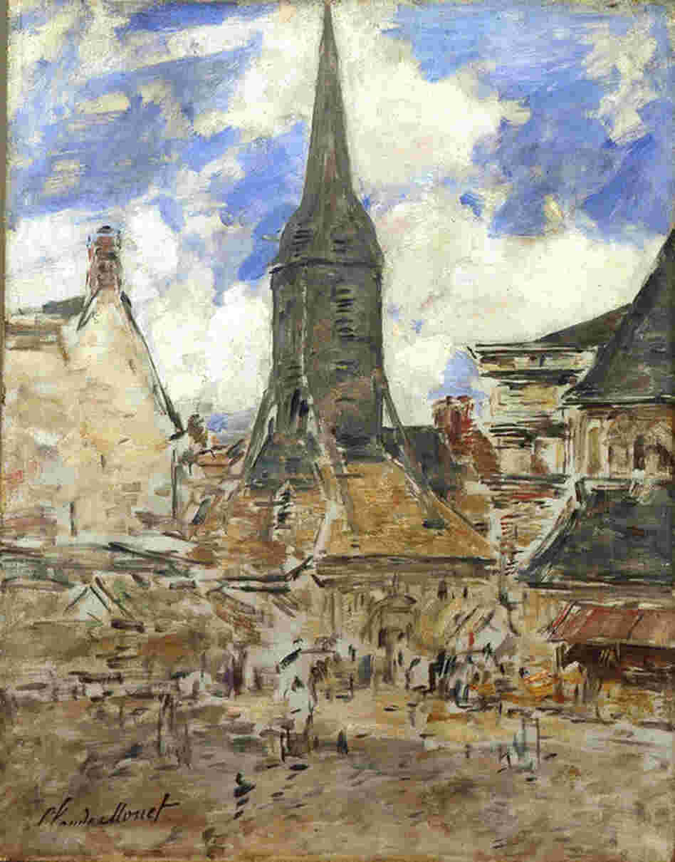 Le clocher Sainte-Catherine by Claude Monet, 1867. The bell tower of Sainte Catherine, located in the village of Honfleur in Normandy, is not actually connected to the church itself. The builders wanted to prevent the church roof from collapsing under the weight of the bells, and they also wanted to avoid a fire in the church in case the tower was hit by lightning. (Musee Eugène Boudin, ...