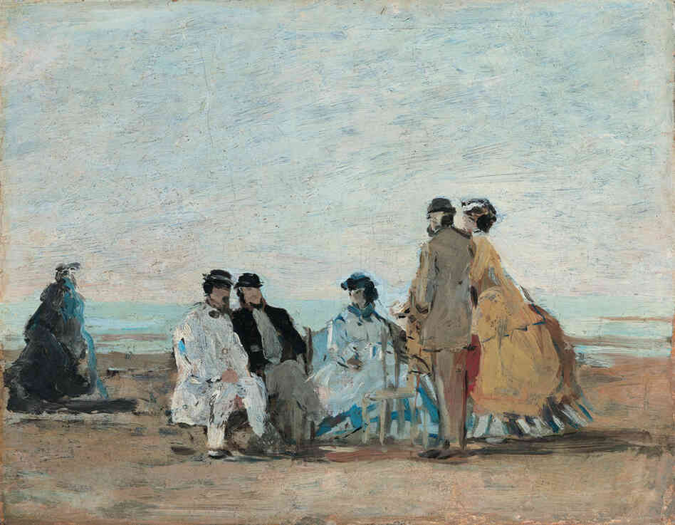 Personnages sur la plage de Trouville by Eugène Boudin, 1865. Boudin advised the young Monet to paint outdoors, or en plein air, in order to take advantage of natural light. Soon, painting en plein air would become a hallmark of the impressionist movement. 
