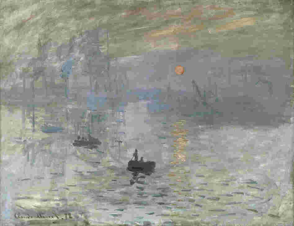 Impressionism: Sunrise, by Claude Monet, 1872. This painting is usually credited as the founding work of the Impressionist movement, with its sketchy brushstrokes and emphasis on lighting effects at the expense of human figures. 