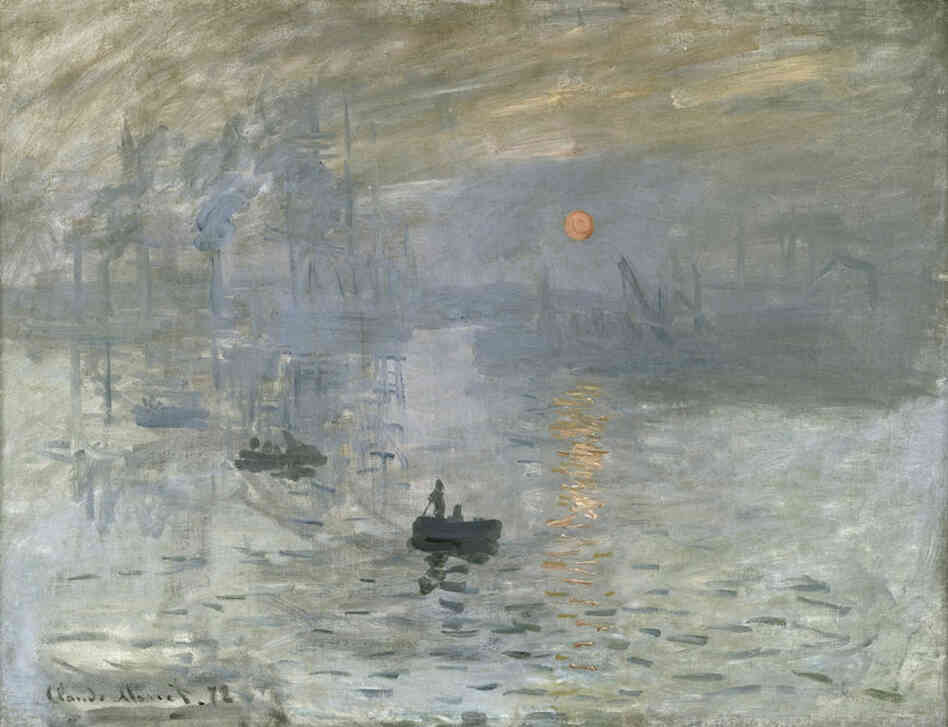 Impressionism: Sunrise, by Claude Monet, 1872. This painting is usually credited as the founding work of the Impressionist movement, with its sketchy brushstrokes and emphasis on lighting effects at the expense of human figures. 