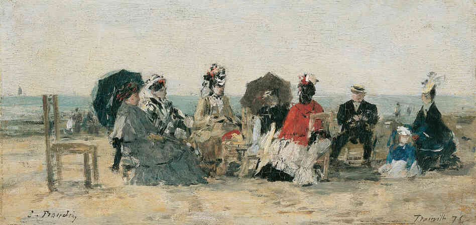 Conversation sur la plage de Trouville by Eugène Boudin, 1876. The incredibly prolific Boudin painted more than 800 pieces over the course of his career, the vast majority of which depicted beach scenes and ships. 