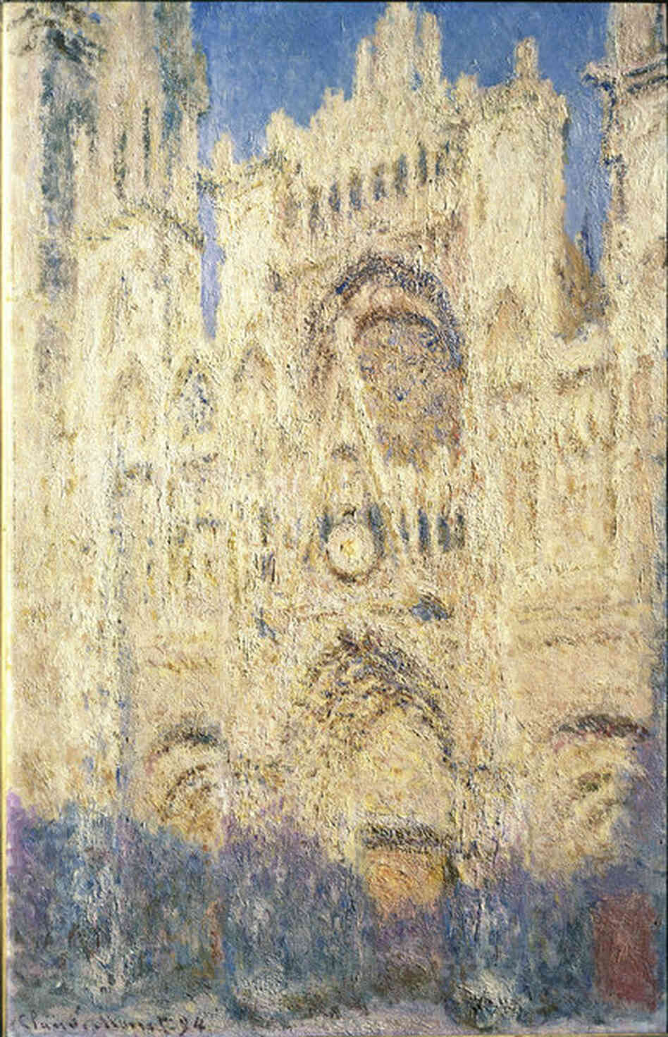 Rouen Cathedral doorway and tower in morning light, harmony in white, by Claude Monet, 1894. This is one of the 30 paintings of Rouen Cathedral that Monet worked on in the period 1892-1894. The artist focused on capturing the effect of light on the stone masonry at different times of day. 
