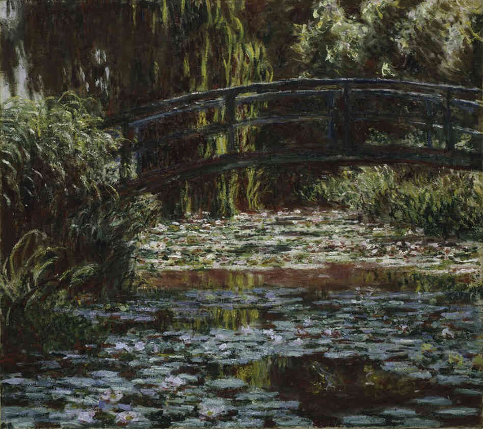 Water Lily Pond by Claude Monet, 1900. Monet loved the way light moved over the lily pond at Giverny, which is spanned by small green bridges. 