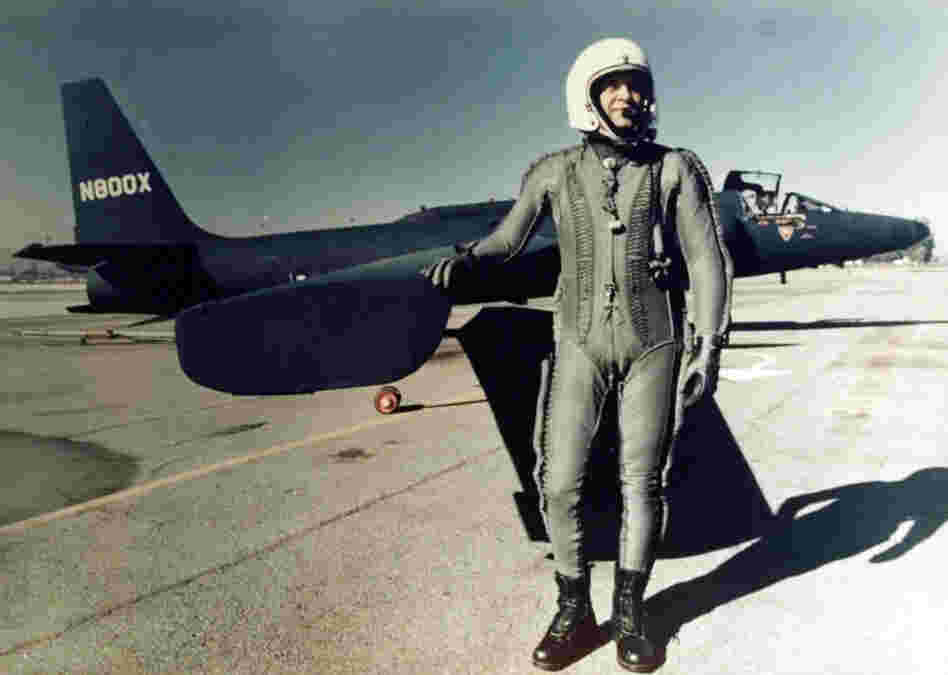 In this undated photo, U.S. pilot Francis Gary Powers, whose U-2 plane was downed by a Soviet anti-aircraft missile in 1960, stands in front of his plane in a pressurized flight suit. Powers was captured and later swapped for Rudolf Abel.  