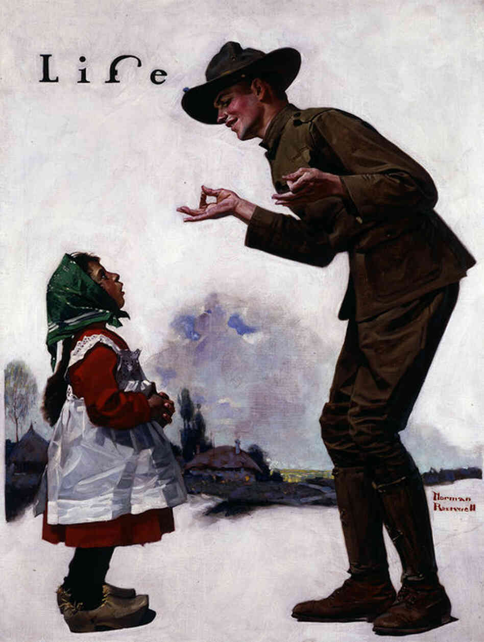 Polley Voos Fransay? (Soldier Speaking to Little French Girl) by Norman Rockwell, 1917. This is one of Rockwell's many World War I-era magazine covers, emphasizing the naivete of the American recruits abroad. 