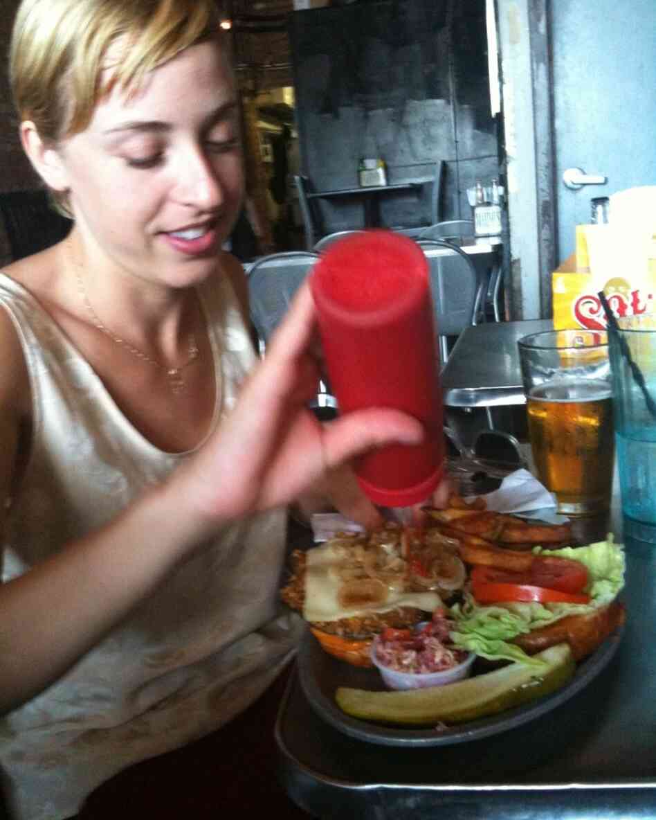 Eva and a portabello sandwich. Eva and a portabello sandwich.