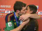 Iker Casillas kisses his girlfriend Sara Carbonero during a live broadcast.