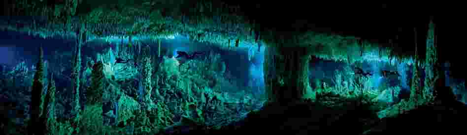 The Cascade Room, some 80 feet beneath the surface, leads divers deeper into Dan's Cave on Abaco Island. 
