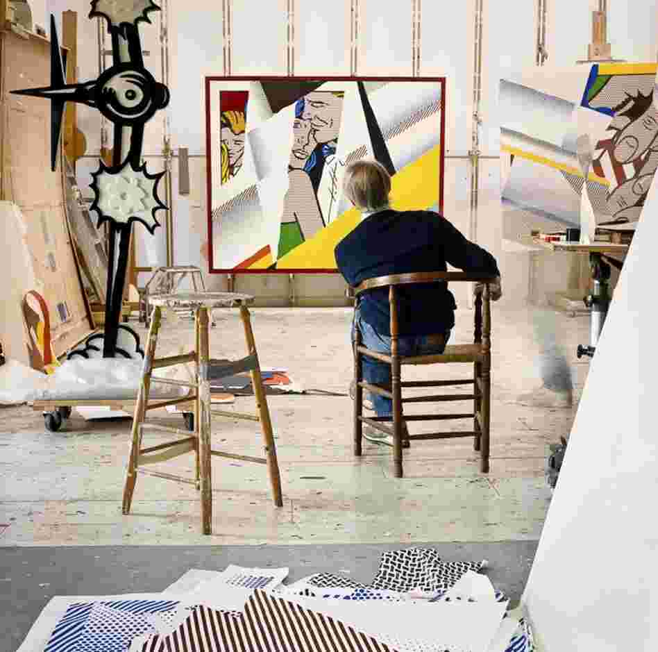 Roy Lichtenstein in his Southampton studio. In the background, "Reflections on the Prom," 1990
