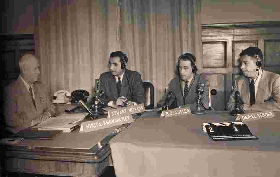 Schorr's 2 1/2-year stay in Moscow culminated in the first-ever exclusive television interview with a Soviet leader, Nikita Khrushchev — filmed in his Kremlin office in 1957 for CBS' Face the Nation. From left are Khrushchev, the show's host Stuart Novins, journalist B.J. Cutler and Schorr. 