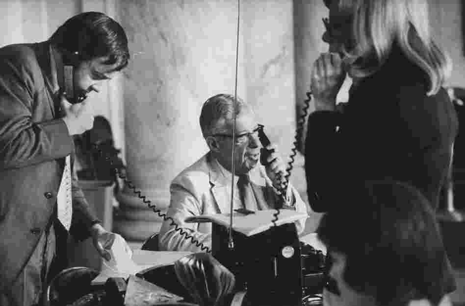 Schorr works at a press table during the Watergate hearings on June 1, 1973, while on assignment for CBS News. 