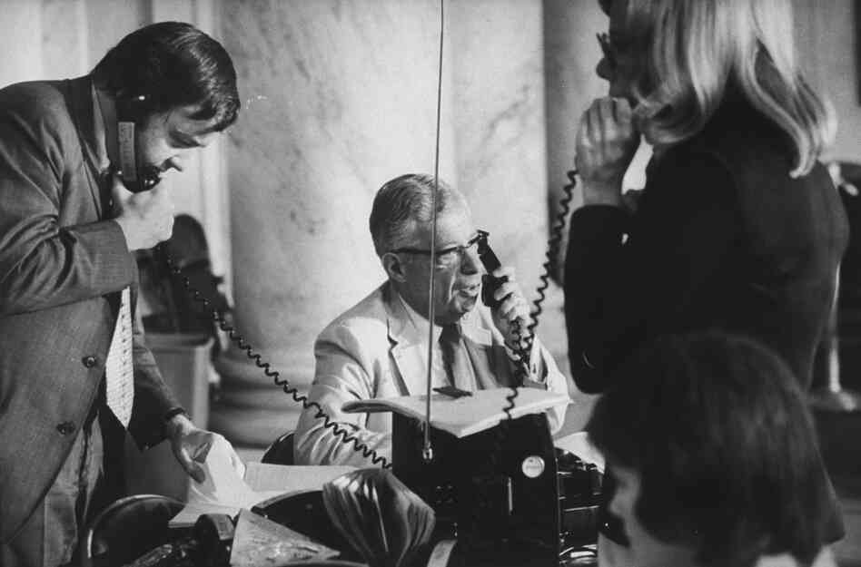 Schorr works at a press table during the Watergate hearings on June 1, 1973, while on assignment for CBS News. 