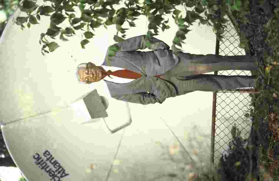 Schorr is pictured in 1982 with a 10-foot satellite dish in front of his home in Washington, D.C.'s Cleveland Park neighborhood. In 1979, Ted Turner gave him the dish — the first residential one to be installed in the city — after hiring Schorr, then 62, as the marquee correspondent for CNN.  
