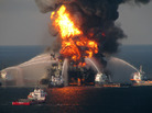 On April 21, Coast Guard fireboats battled the blaze at the Deepwater Horizon oil rig. On April 21, Coast Guard fireboats battled the blaze at the Deepwater Horizon oil rig.
