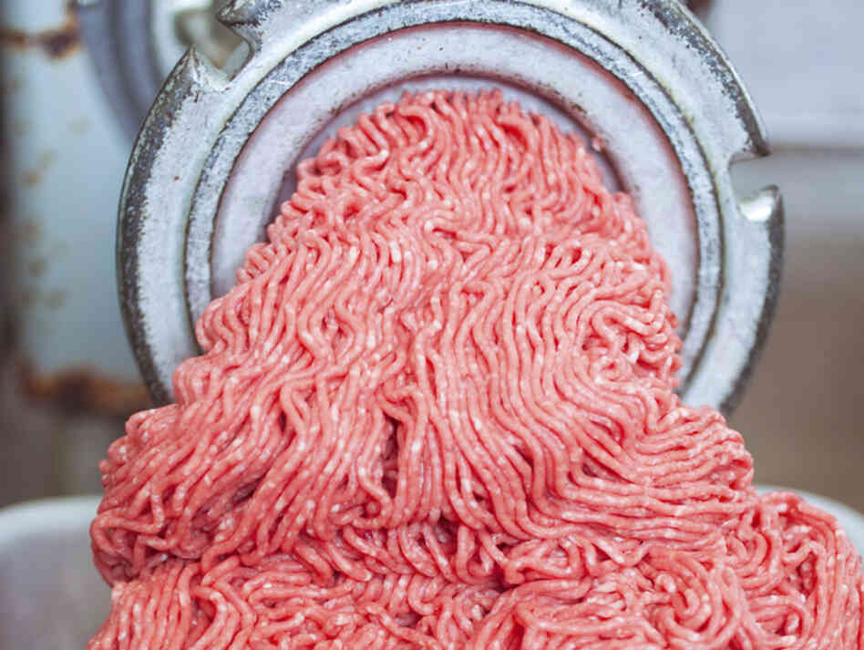 Industrial grinder pumping out freshly ground beef Industrial grinder pumping out freshly ground beef
