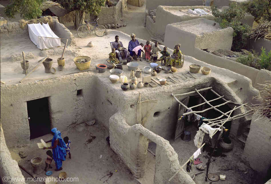 The Natomo family lives in two mud brick houses in the village of Kouakourou, Mali. They are grain traders and own a mango orchard. According to tradition, patriarch Soumana Natomo is allowed to take up to four wives; he has two, Pama and Fatoumata. They have separate households, but share meals in the courtyard of Pama's house. 