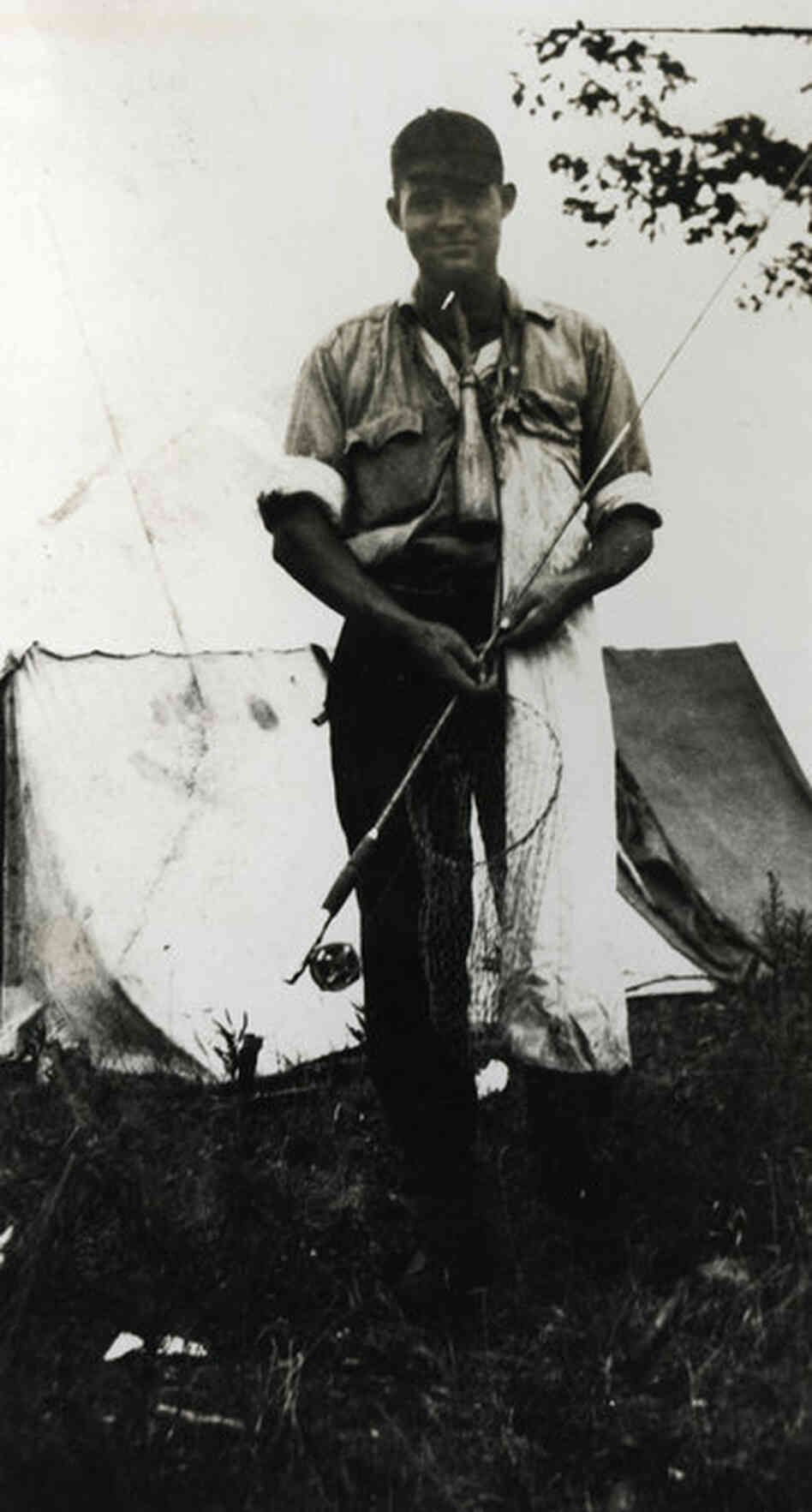 Ernest's fishing equipment closely resembles that of his fictional protagonist, Nick Adams — including the flour sack and bottle hanging around his neck for grasshoppers.