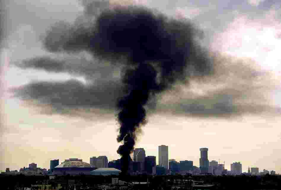Fire rages unimpeded Aug. 30, 2005, the morning after Hurricane Katrina hit New Orleans. 