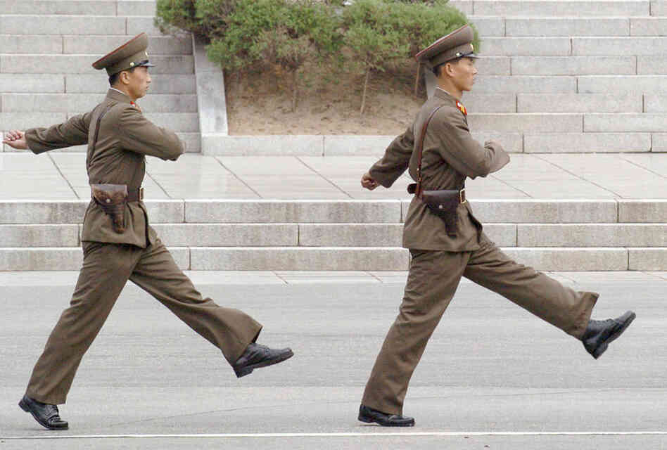North Korean soldiers march at the DMZ