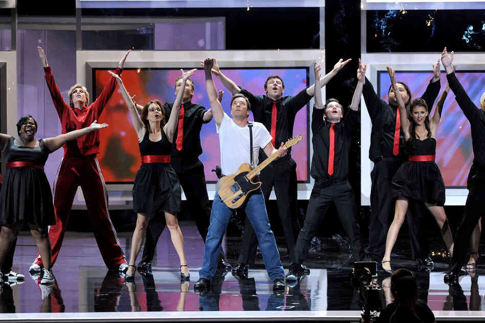 Amber Riley, Jane Lynch, Tina Fey, Joel McHale, Jimmy Fallon, Cory Monteith, Chris Colfer, Jorge Garcia, Nina Dobrev, and Jon Hamm were, believe it or not, only some of the participants in the Emmys' terrific 'Born To Run" opening number on Sunday night.  