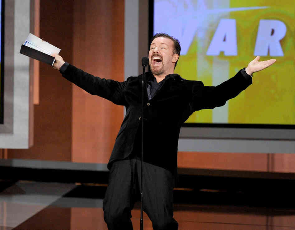 Actor Ricky Gervais speaks onstage at the Emmy Awards.  