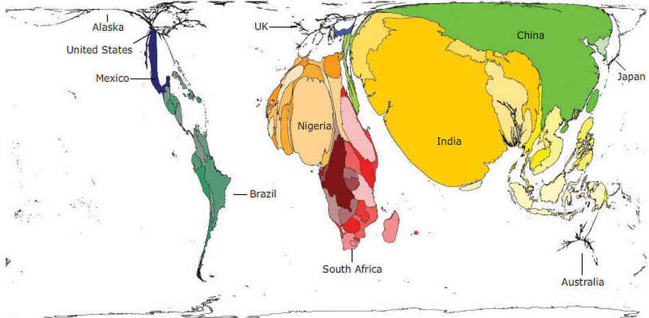 Map representing people who live on less than $1 a day.