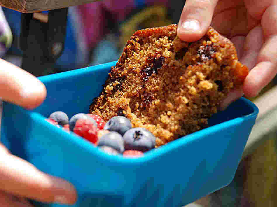 A youngster pulls a slice of pumpkin bread from a blue container with berries in it A youngster pulls a slice of pumpkin bread from a blue container with berries in it
