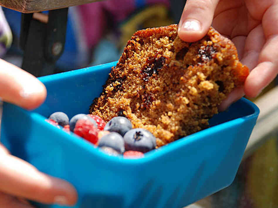 A youngster pulls a slice of pumpkin bread from a blue container with berries in it A youngster pulls a slice of pumpkin bread from a blue container with berries in it