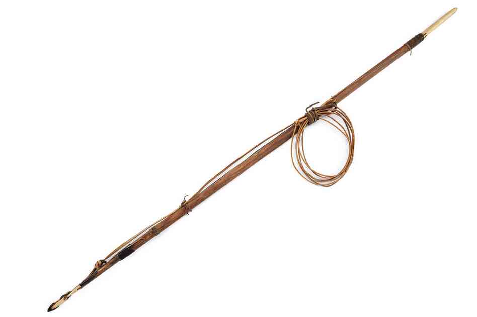 St. Lawrence Island Yupik harpoon. A heavy harpoon for walrus hunting was one of a man's most important weapons. The point was coated with ice to make it slip smoothly through thick hide.