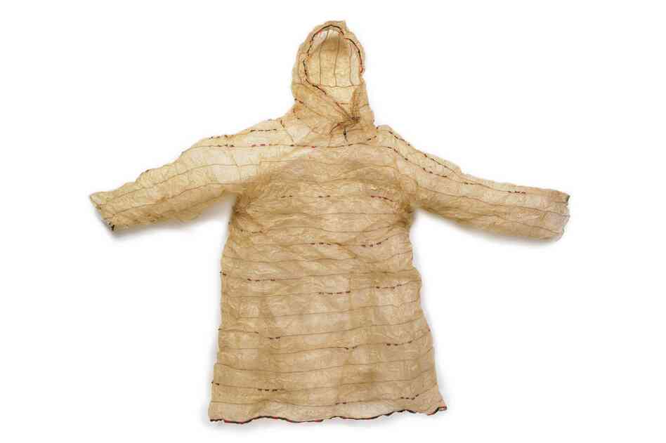 Unangax gut parka. Unangax women created lightweight, waterproof parkas from the intestines of sea lions, seals, whales, grizzly bears and whale tongue. Women made watertight seams by sewing a double fold with thread made from fox or whale sinew.