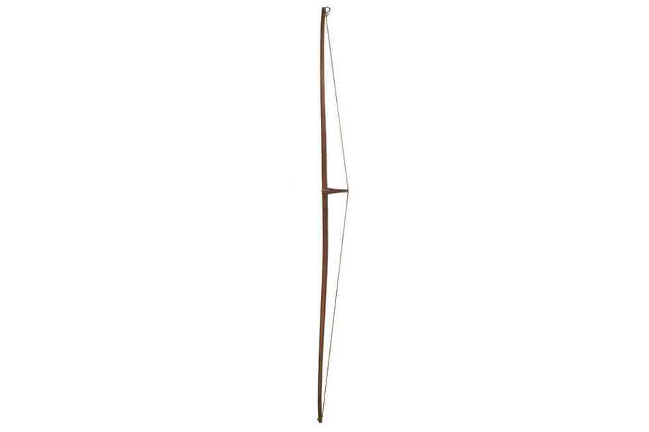 Athabascan bow. Longbows were made from birch, willow or spruce wood, and the string was twisted sinew from the spinal tendons of a caribou. The wooden projection in the middle caught the string and prevented it from lashing the bowman's wrist.