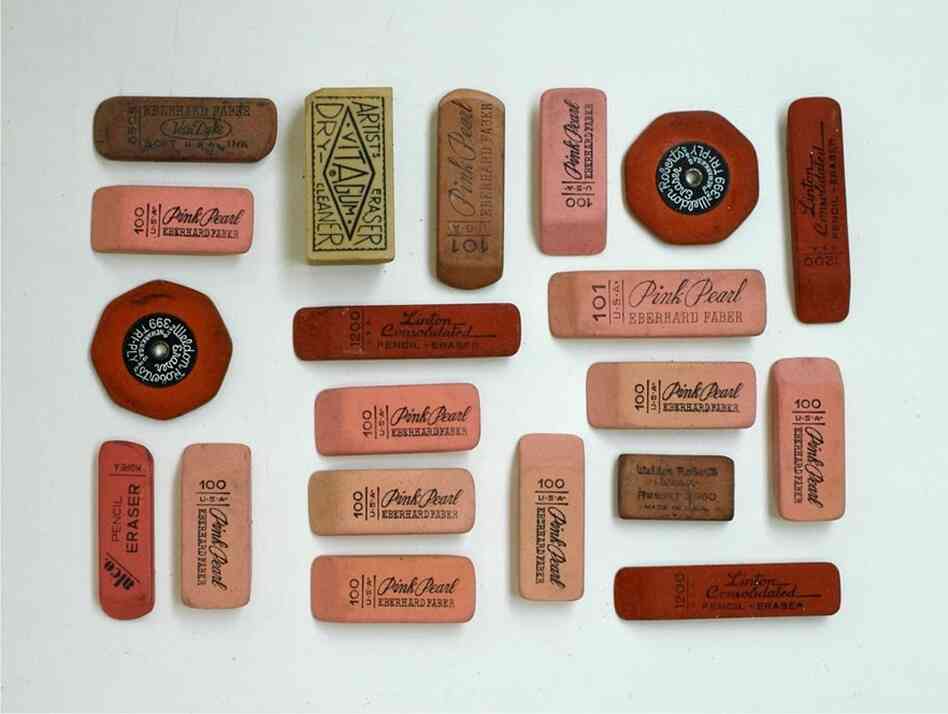 Day 1: I love erasers. I am not sure if it has anything to do with being an artist and the role that they play in my daily work or it's just because I love their typography and pink tones. I have found most of my erasers at  a place in San Francisco where people can dump off used materials for teachers and artists to reuse. I dig through boxes of old school supplies to find them.