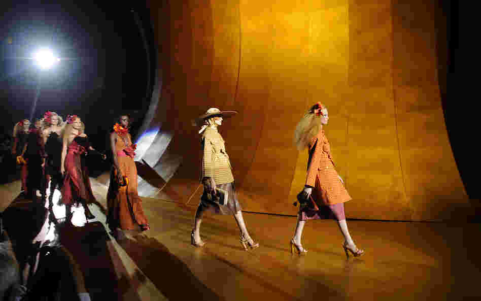 Models present creations by Marc Jacobs on Monday. 